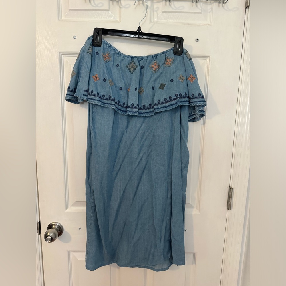 Spence off the shoulder embroidered chambray dress.